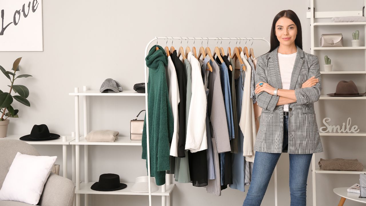 A woman stands with arms crossed in a clothing boutique, wearing a checkered blazer and jeans. Behind her is a rack of hanging clothes and shelves with various accessories and decor items.